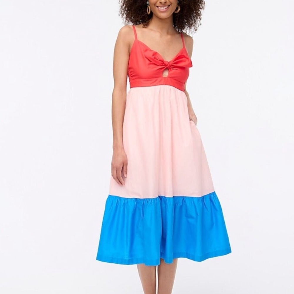 J.Crew Colorblock Midi Sundress Tie Front Summer Dress 10P Romantic Vacation